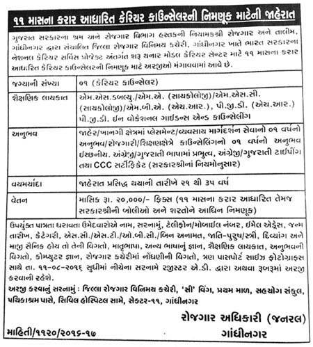 District Employment Office Gandhinagar Recruitment 2016 for Career Counsellor