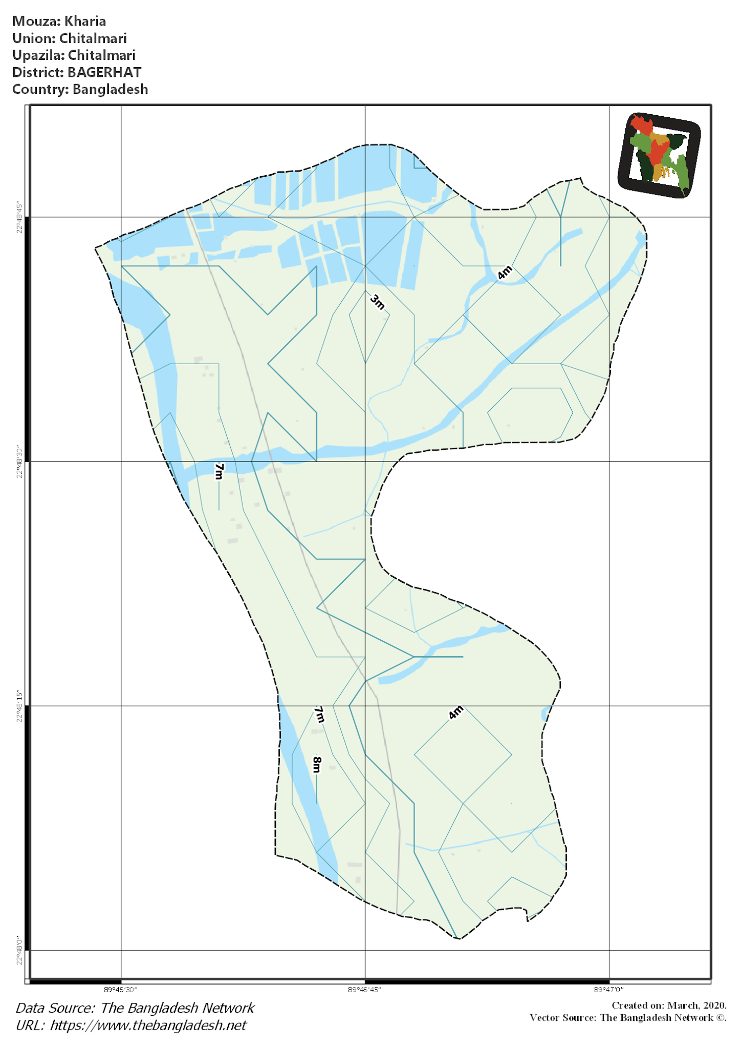 Map of Kharia Mouza of Chitalmari Upazila, BAGERHAT, Bangladesh.