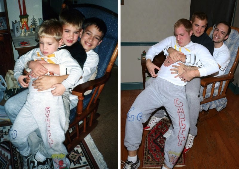 Watch Brothers Recreate their Childhood Photos as Christmas gift for Mom via geniushowto.blogspot.com recreating the epic scene of elder brother Matt holding his younger brothers