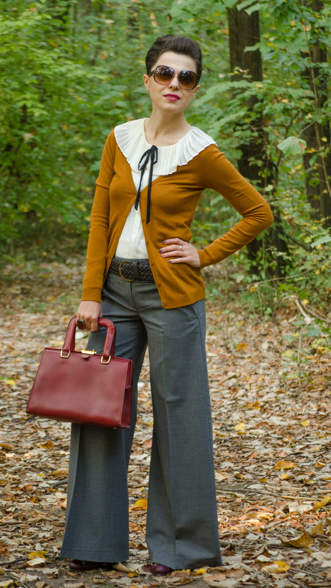 grey flare pants peter pan collar ivoire shirt black bow tie burgundy bag autumn outfit forest cardigan