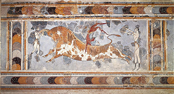 The bull-leaping fresco at the Great Palace at Knossos, Crete, c.1450-1400 BCE.