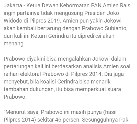 Amien Rais Sangat Yakin Prabowo Bisa Kalahkan Jokowi Di 2019