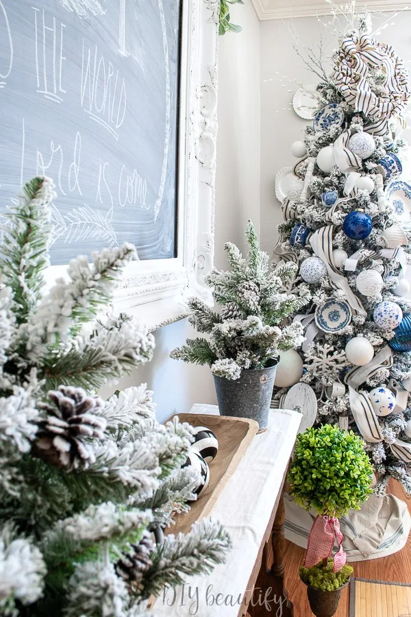 flocked trees and Christmas chalkboard