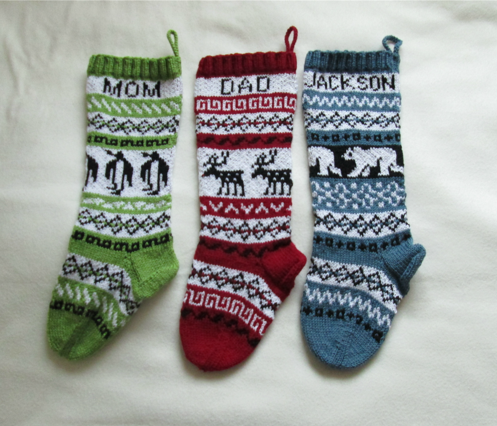 Gigi82Knits Fair Isle Christmas stockings knitted with 3 colours