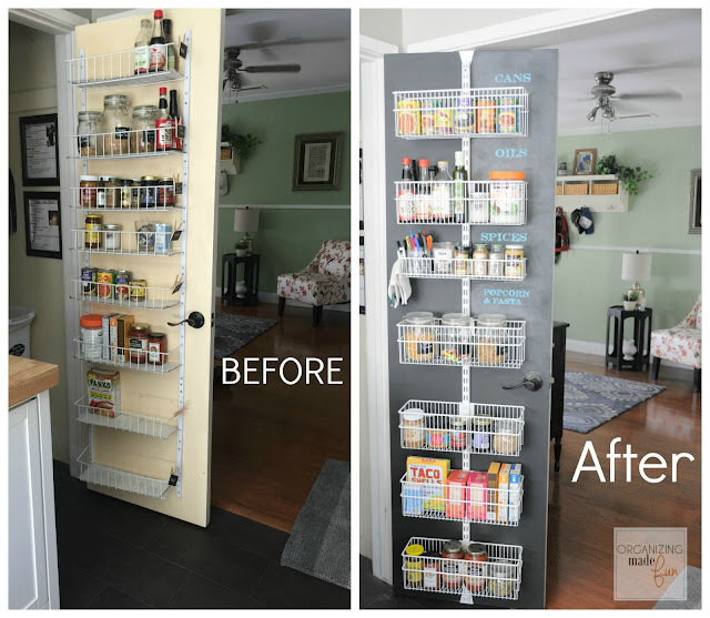 Before and After: Back of pantry door with updated chalkboard and organized :: OrganizingMadeFun.com
