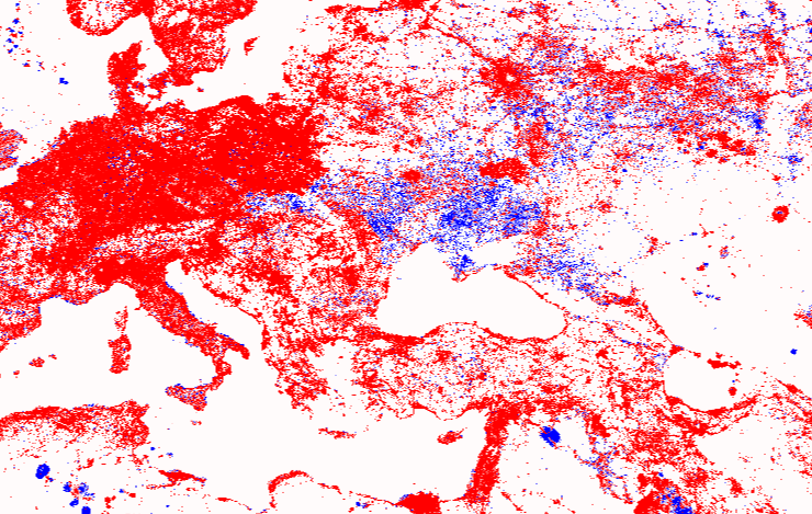 Increase (red) and decrease (blue) in illumination in Europe between 1992 and 2010