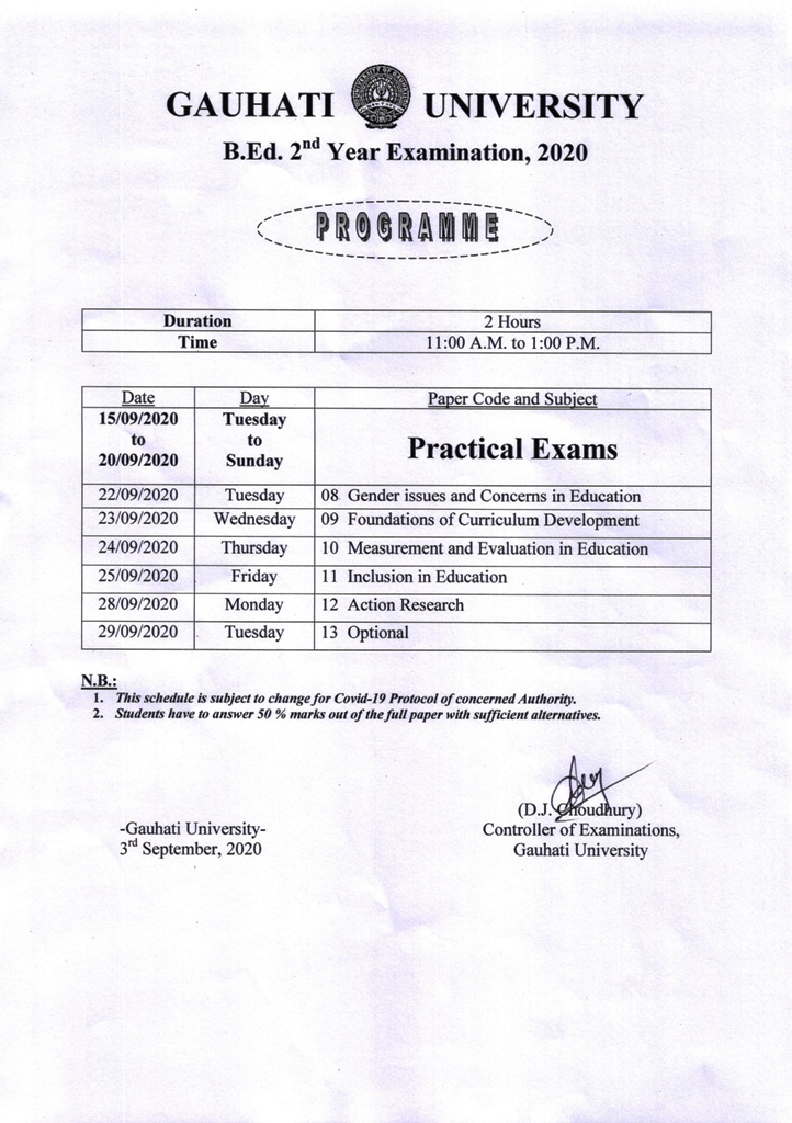 Gauhati University B.Ed. Final Year Exam Programme 2020