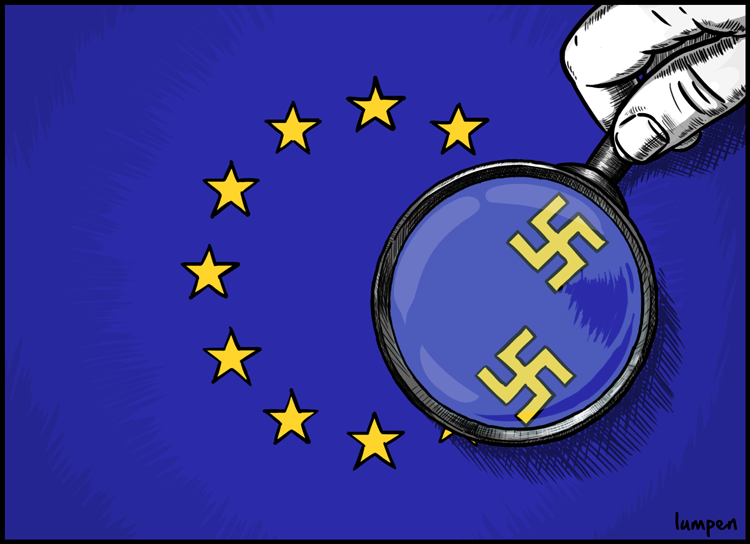 Bandera europea con lupa y esvásticas nazis