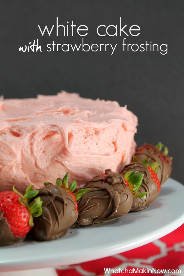 White Cake with Fresh Strawberry Frosting - BEST strawberry frosting made with fresh berries and lemon juice. So good!