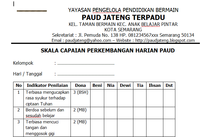 Contoh Format Penilaian Harian Paud Rismax
