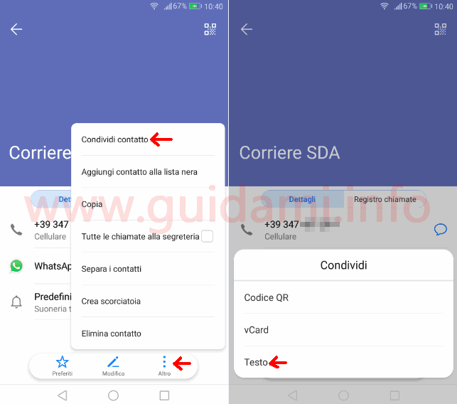 Menu rubrica Android opzione Condividi contatto