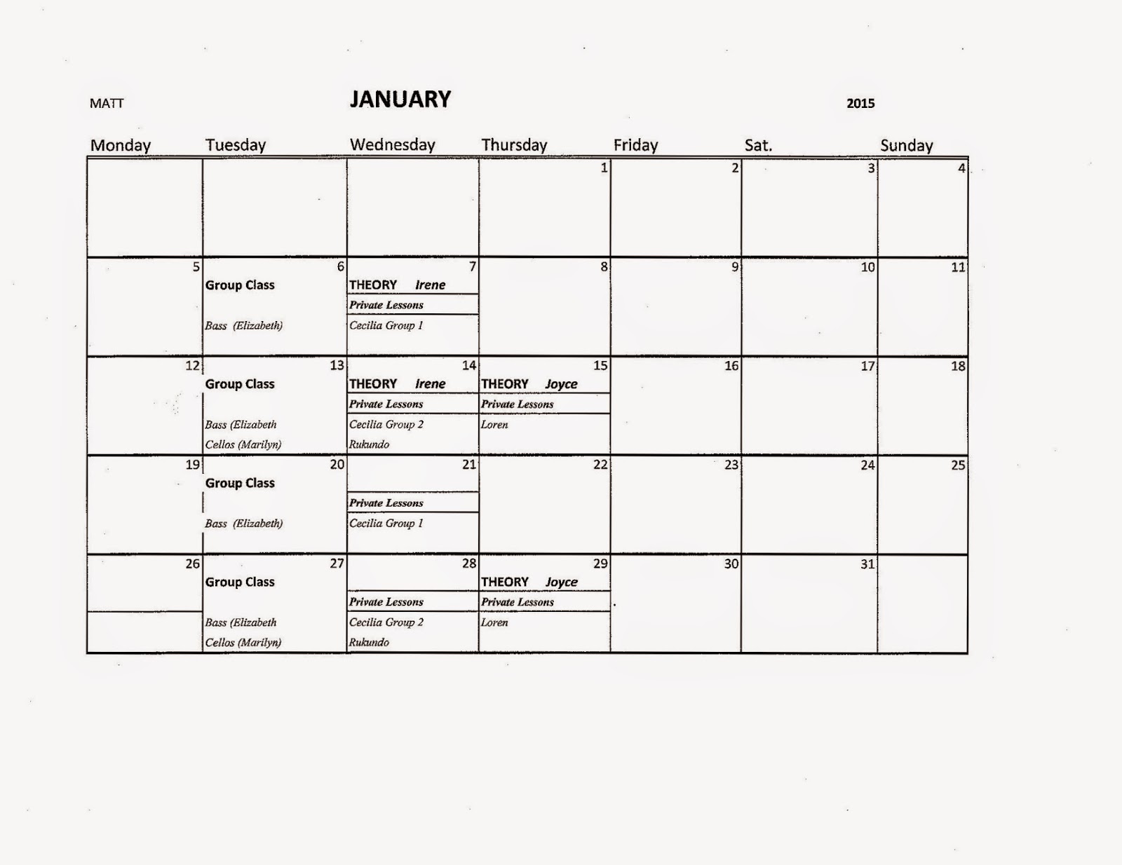Music at The Towers January Calendar