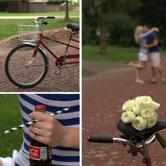 Props like a tandem bike, bouquet of white roses, and fun Coca-Cola bottlers were great additions to the engagement photo shoot. 