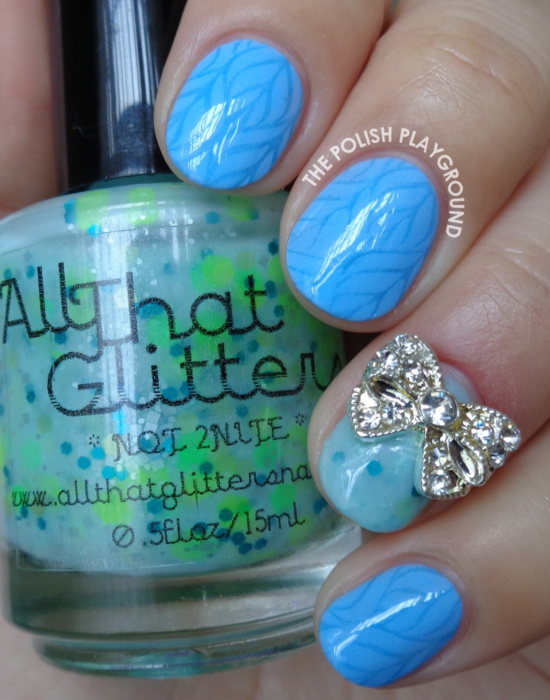 Light Blue Leafy Pattern with Bow Stud Stamping Nail Art