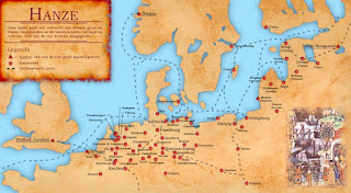 Map of the Hanseatic League showing main Hanseatic cities and trade routes