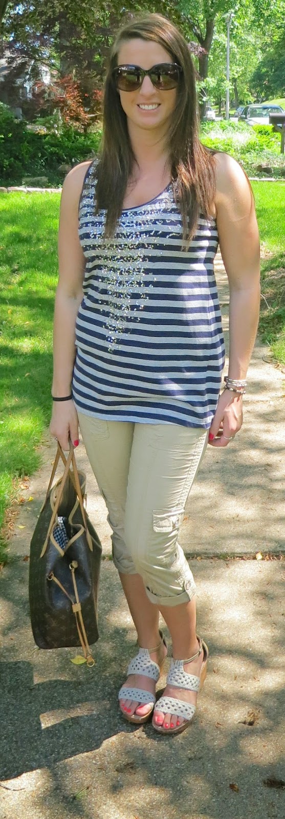 casual, outfit, summer, khakis, striped tank, wedge sandals, fashion