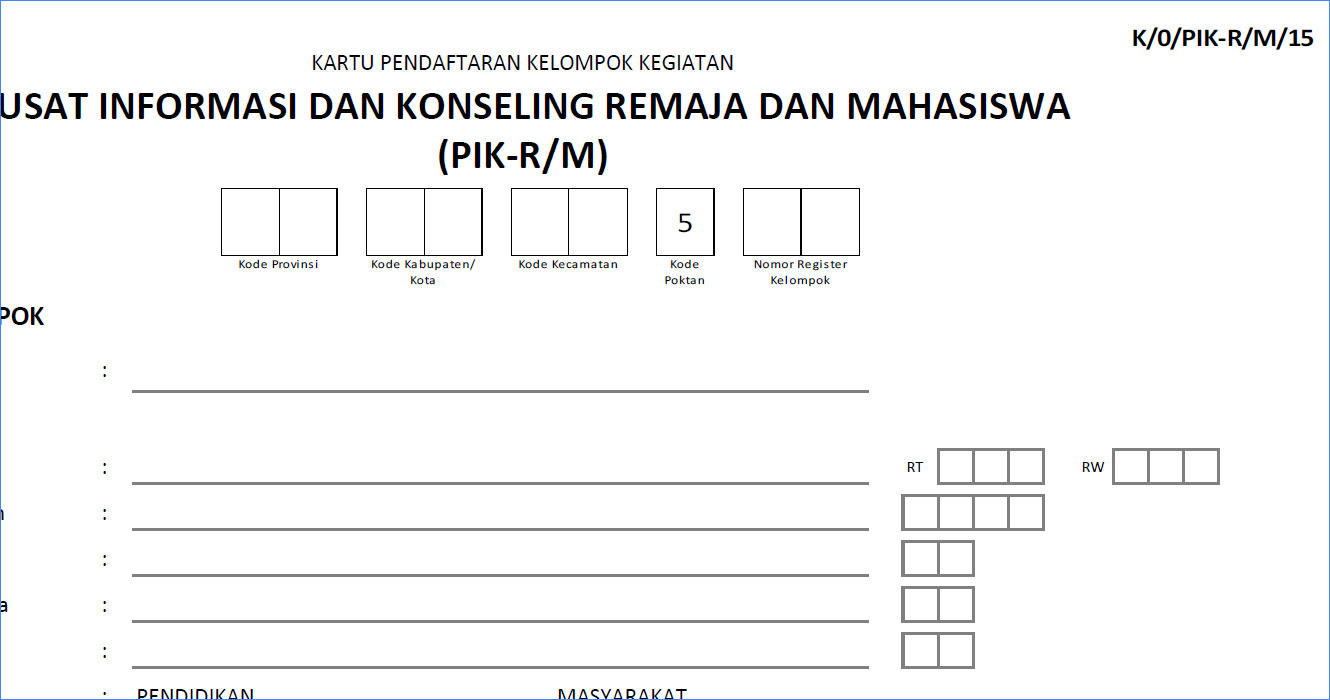 Kartu Register Kelompok Pik Remaja Dan Mahasiswa K 0 Pik R M 15 Gg File