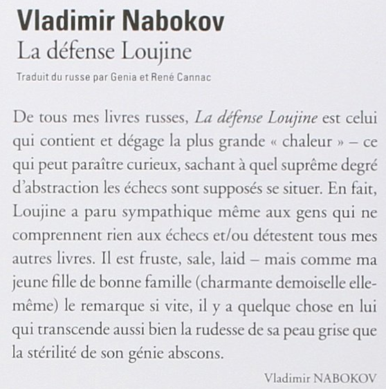 La quatrième de couverture de la défense Loujine de Vladimir Nabokov 