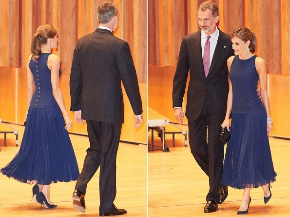 Queen Letizia Carolina Herrera top and skirt at Princess of Asturias Awards concert. white gold diamond earring