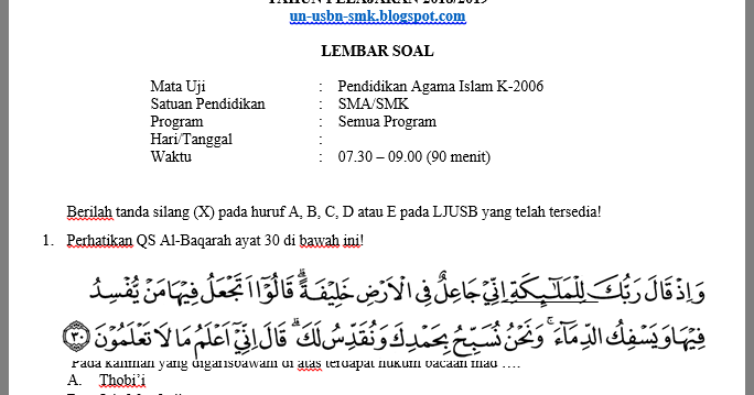 Soal Usbn Pai Sma 2019