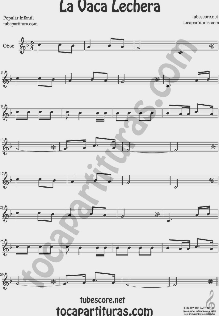  La Vaca Lechera  Partitura de Oboe Sheet Music for Oboe Music Score