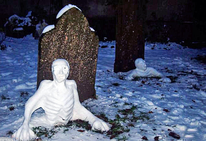 Zombie Schneemänner klettern aus Grab lustiger Friedhof Grabsteine