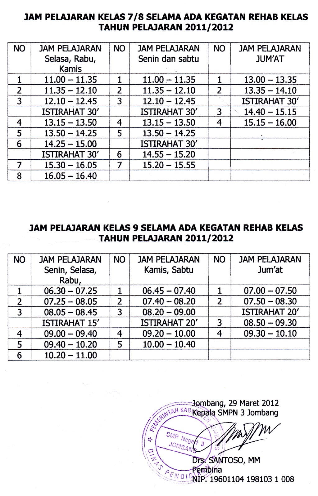 SMPN 3 JOMBANG Pemberitahuan Perubahan Jam Masuk dan Pulang Sekolah
