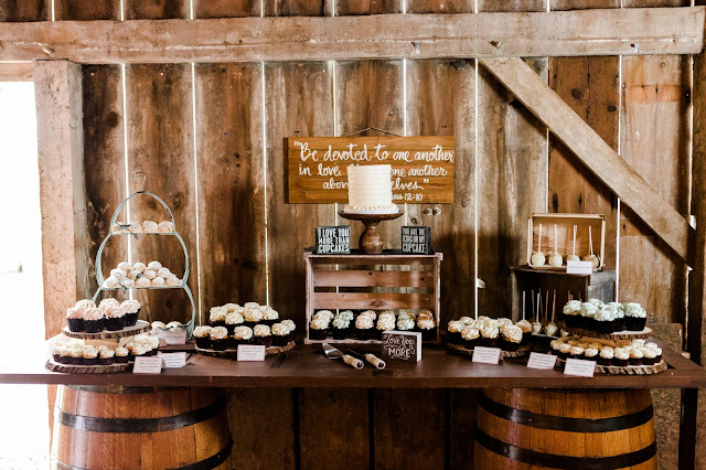 Gorgeous Cupcake Table at a Barn Wedding - A Cranberry and Blue Autumn Wedding at Worsell Manor in Warwick, MD by Heather Ryan Photography 