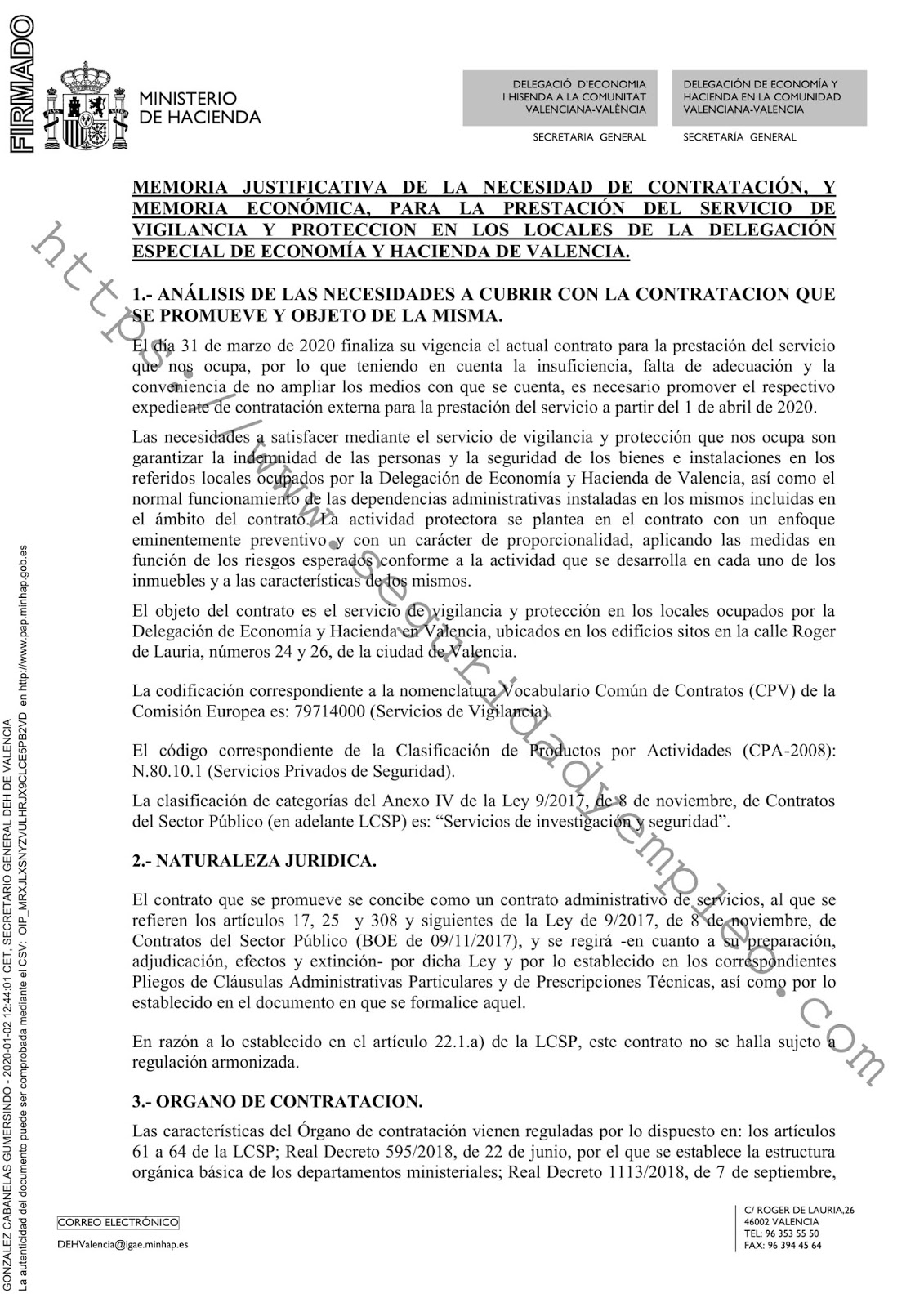 Sale a concurso el Contrato de prestación del servicio de vigilancia y protección de la Delegación de Economía y Hacienda de Valencia