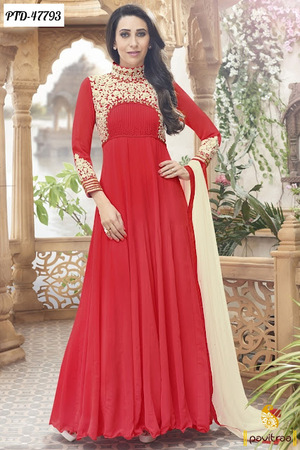 Diwali and Karva Chauth discount offer on Karishma Kapoor red chiffon anarkali salwar suit online shopping at pavitraa.in