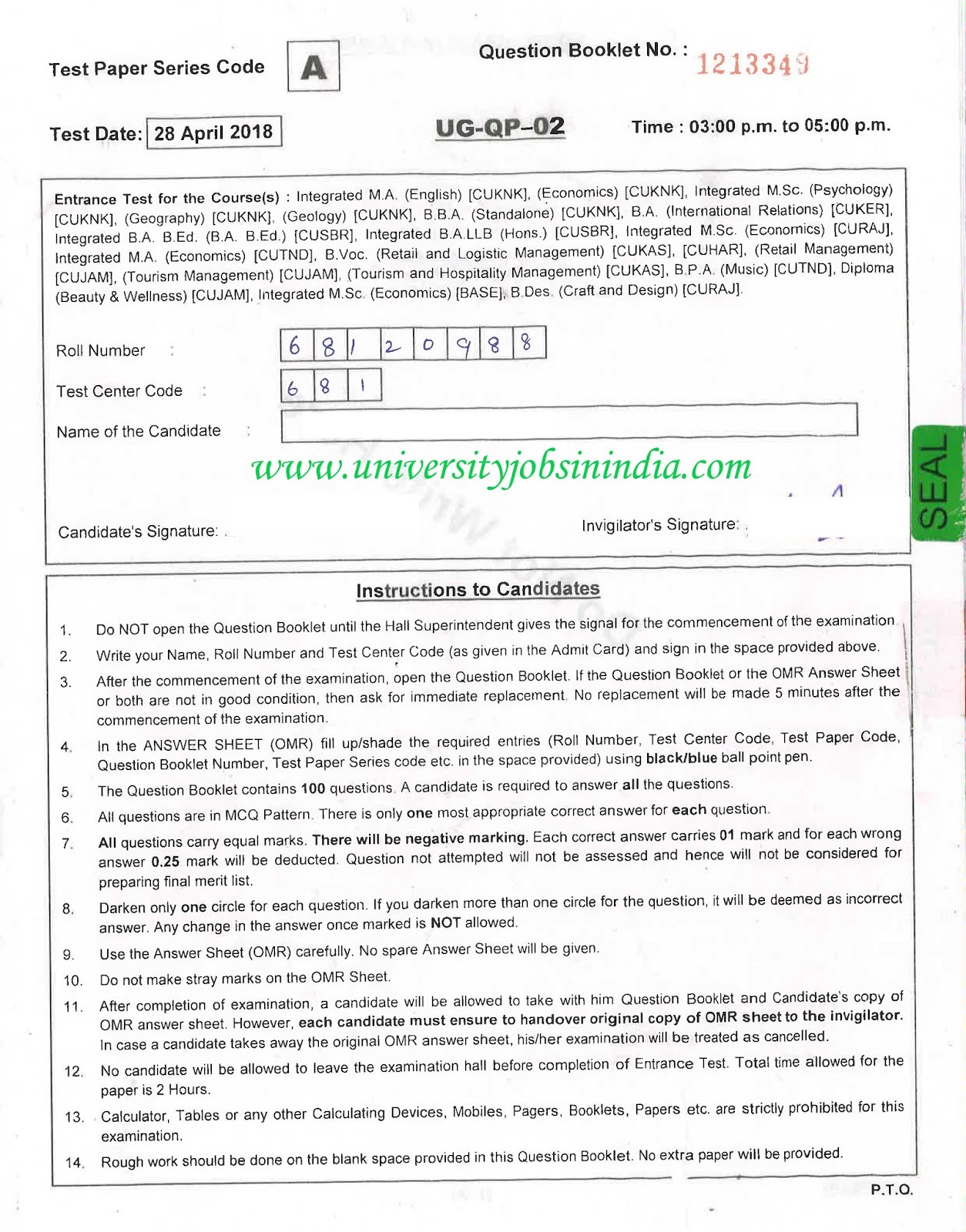 CUCET B.A. B.Ed. Question Paper 2018