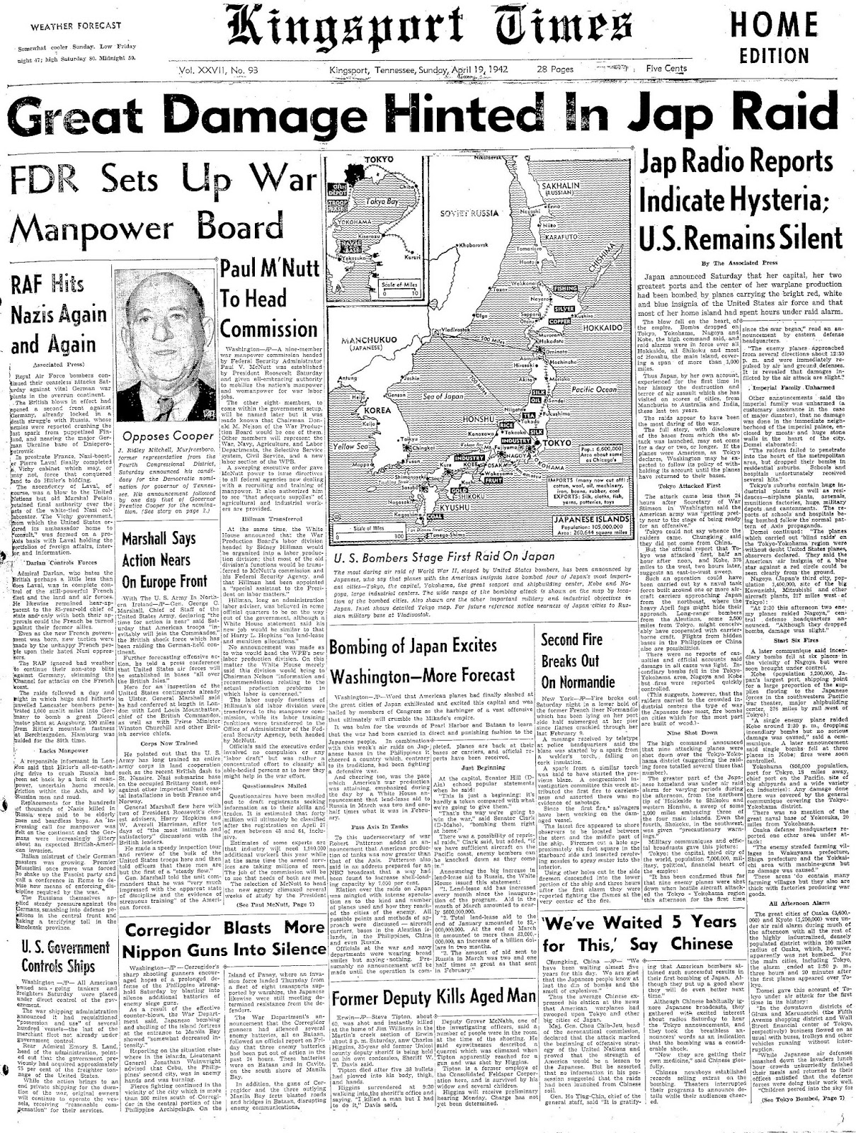 Vince Staten Doolittle Raiders coverage in Kingsport Times April 18, 1942