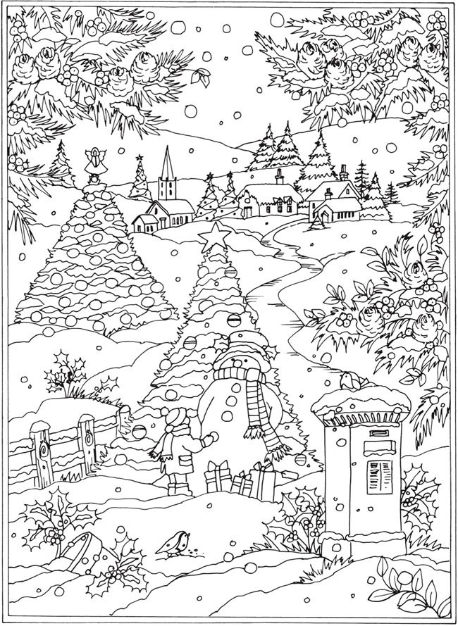 Christmas trees in the town coloring page