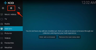 Choose the settings icon on Kodi Choose the settings icon on Kodi