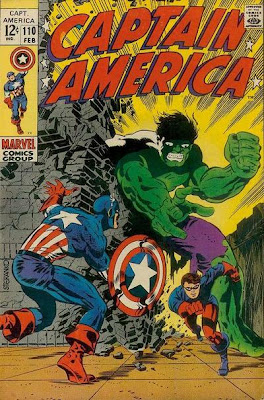 Captain America #110, Cap watches on as Rick Jones, dressed as Bucky, flees from a giant Hulk, cover by Jim Steranko