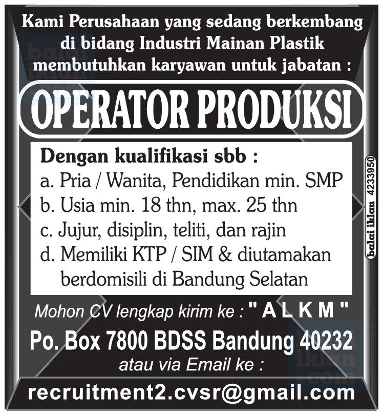Lowongan Kerja Operator Produksi di Bandung - Lowongan Kerja Terbaru