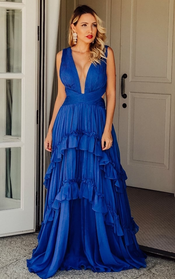 vestido de festa longo azul bic