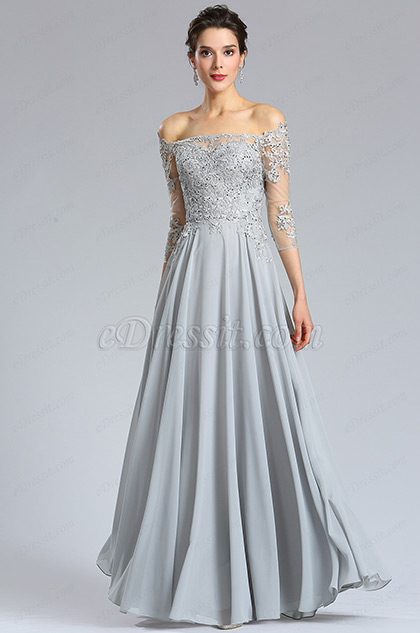 Long Sleeves Grey lace Formal Evening Dress 
