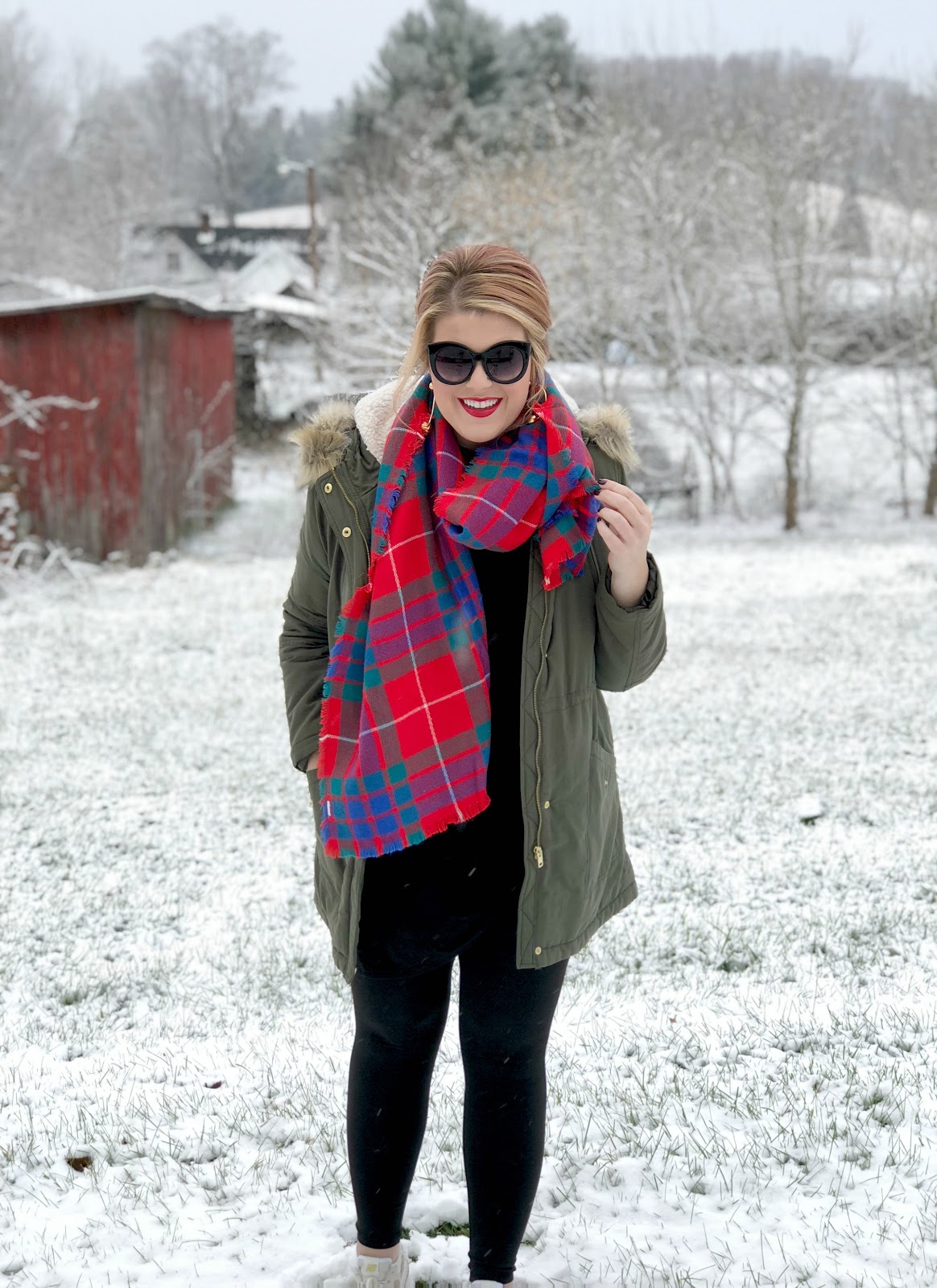 Red plaid scarf, green parka with fur