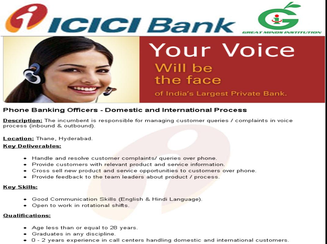 ICICI Bank Hiring Phone Banking Officers Domestic and International Process GREAT MINDS