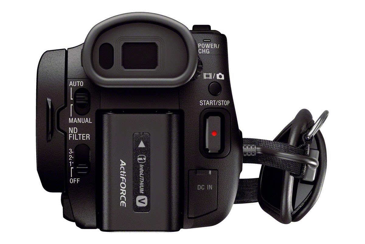 Sony FDR-AX100/B 4K Video Camera Handycam Camcorder, rear view controls, OLED Tru-finder EVF