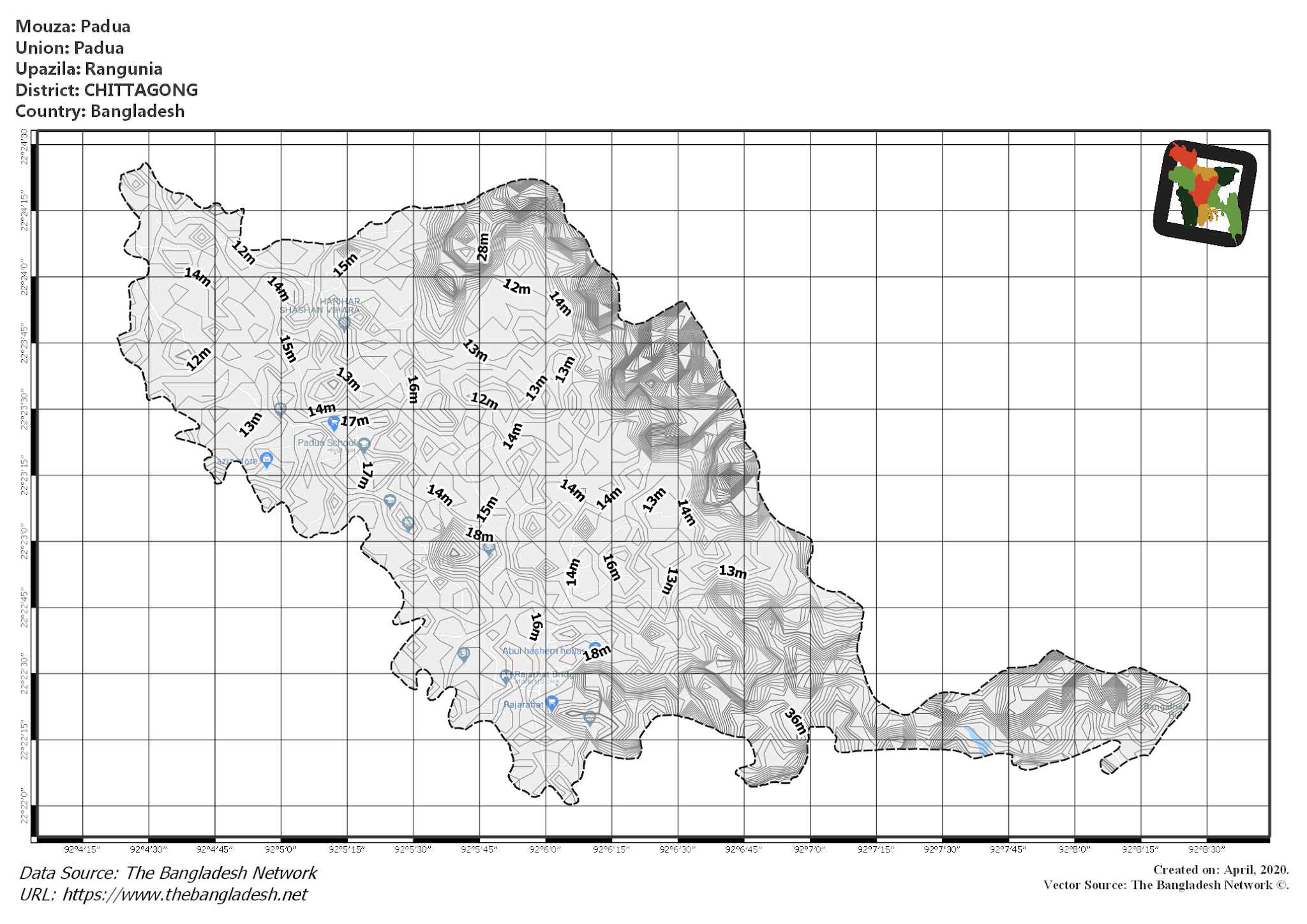 Map of Padua Mouza of Rangunia Upazila, CHITTAGONG, Bangladesh.