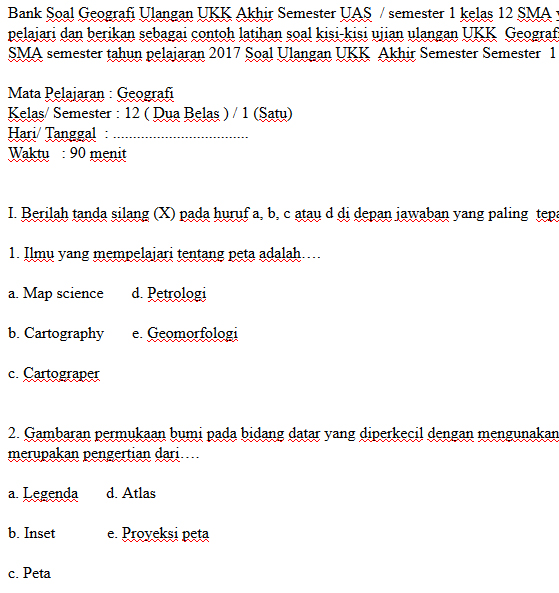 Soal Ujian Geografi Kelas 12 Semester 1