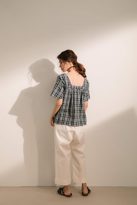 借物生活V領格紋美背上衣-灰藍格紋