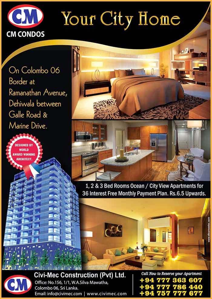 “CM Condos” Elegant Lifestyles, the 7th Project by “CM Condos” Centrally Located on the Border of Colombo 06, Between Galle Road & Marine Drive, at No.14, Ramanathan Avenue, Dehiwala, Comprising 105 Ocean View & City View Apartments & Duplex Pent Houses in 12 Floors, the 1st State of the Art Condominium Development in Dehiwala, Designed by a World Award Winning Architect.