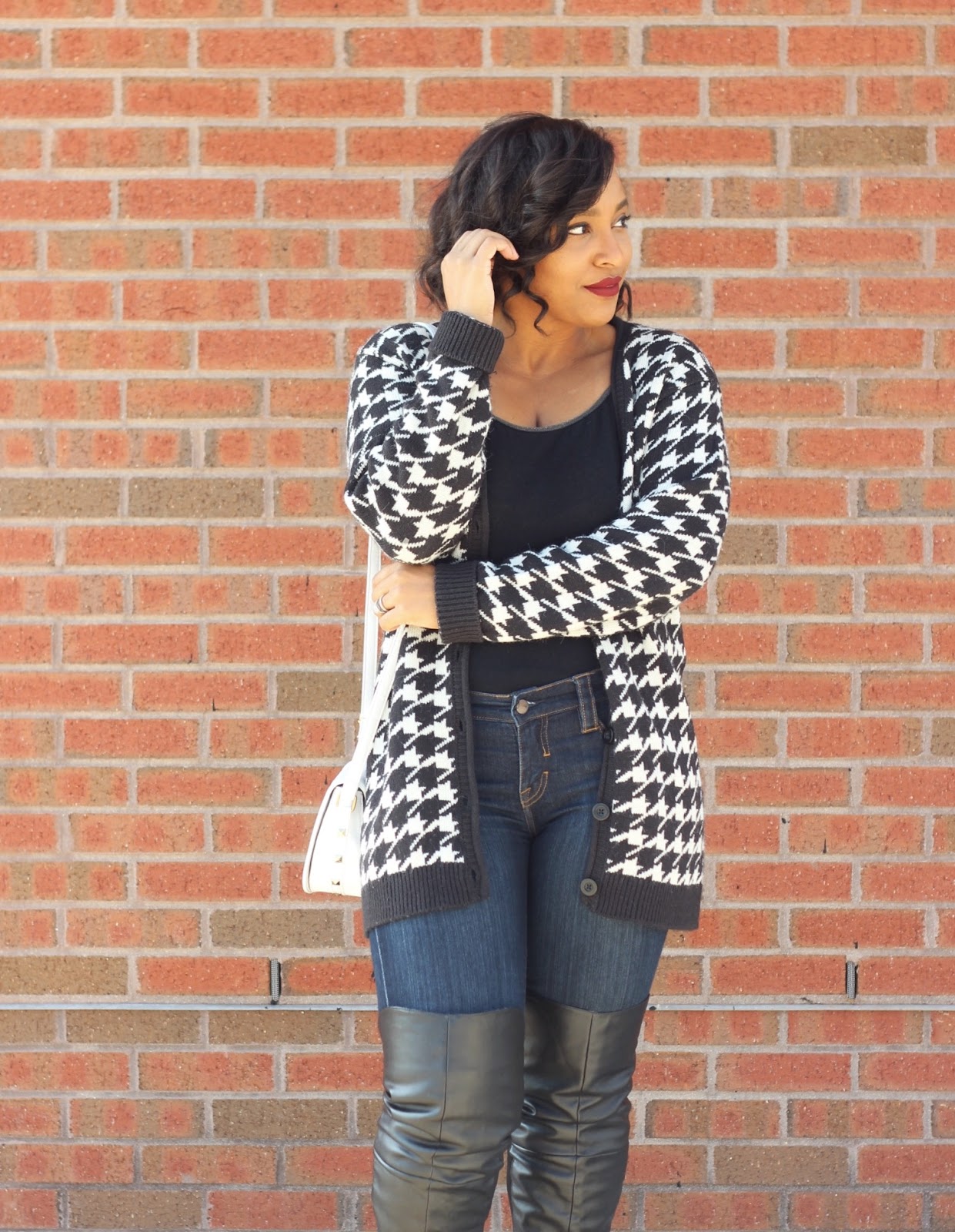 over the knee boots, otk, fall outfits, cardigans, houndstooth print, forever21