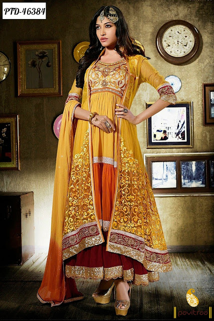 Buy online yellow color georgette anarkali salwar suit diwali and karva chauth festival special discount deals and offers at pavitraa.in