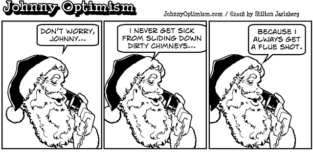 johnny optimism, medical, humor, sick, jokes, boy, wheelchair, doctors, hospital, stilton jarlsberg, santa, christmas, chimney, flue, flu shot