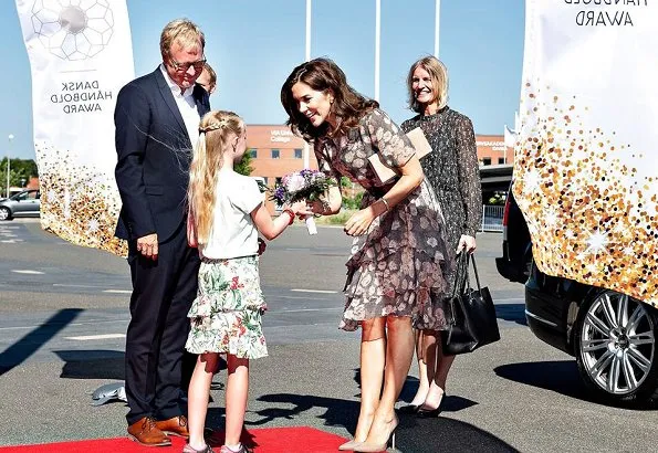 Crown Princess Mary wore JASON WU Floral Glen Plaid Silk Chiffon Tiered Dress, Gianvito Rossi Pumps and Hugo Boss clutch bag