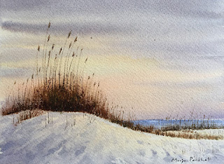 Water color painting of sand dunes and sea oats at the beach, by Indian artist Manju Panchal
